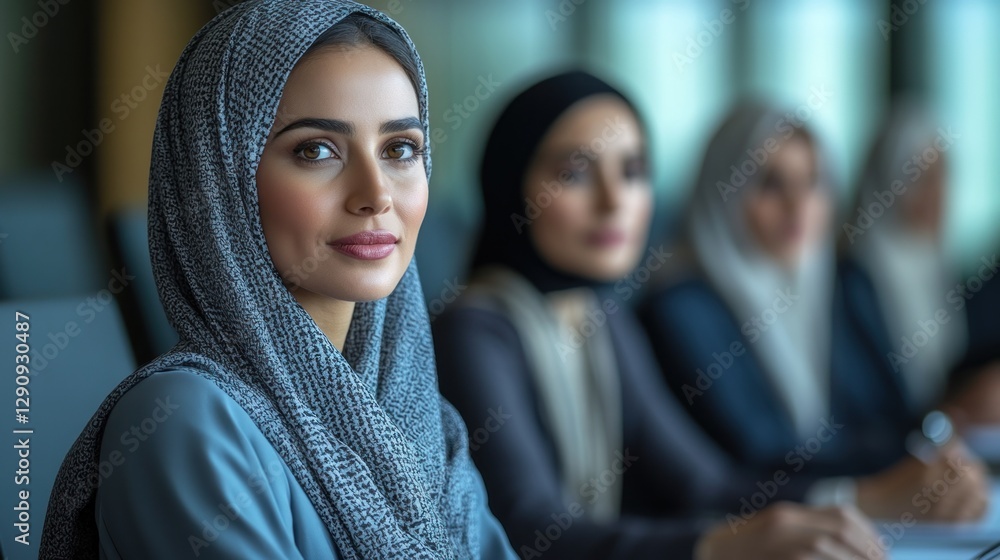 Businesswomen in head scarves, focused meeting Businesswomen in head scarves, focused meeting
