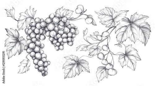 Hand-Drawn Sketch of Grapes and Vine Leaves in Black and White background

