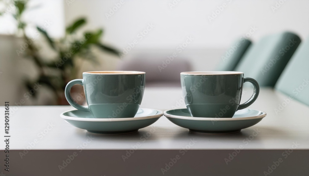 Two coffee cups in modern cafe setting Two coffee cups in modern cafe setting