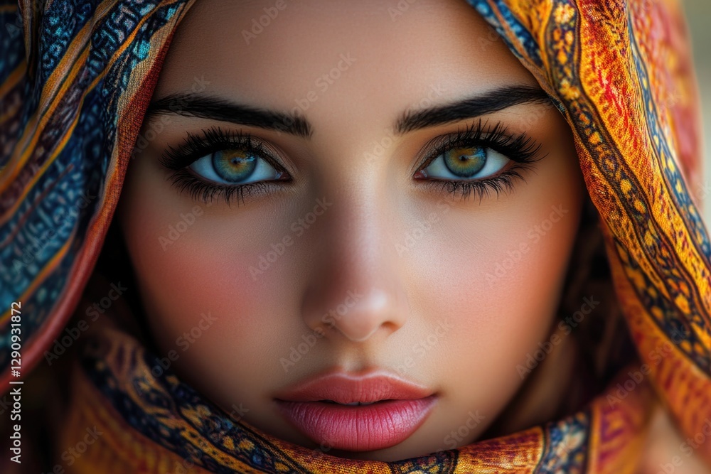 Close-up of a woman's face with a scarf covering her hair and eyes, possibly for modesty or to conceal identity Close-up of a woman's face with a scarf covering her hair and eyes, possibly for modesty or to conceal identity