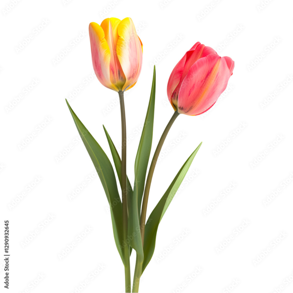 Two vibrant tulips yellow and pink blossoms on dark background Two vibrant tulips yellow and pink blossoms on dark background