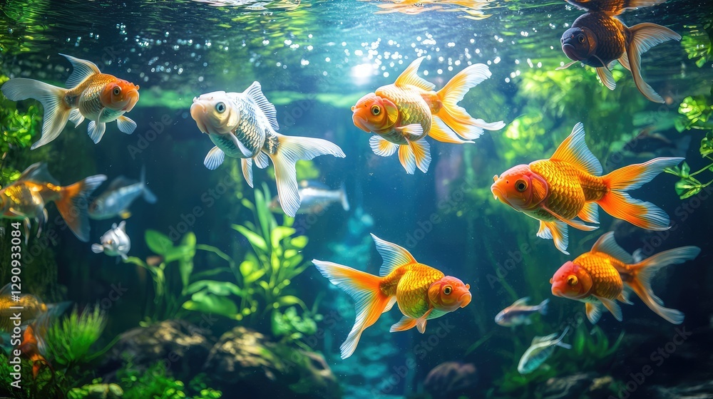 Obraz premium A peaceful scene of freshwater fish like bettas and goldfish swimming gracefully through clear water with aquatic plants, leaving space for text.