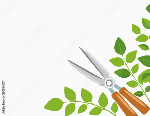Pruning plant with pruning shears on white background, copy space, home garden theme