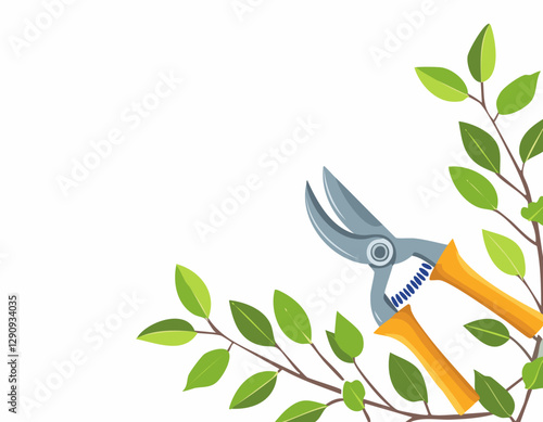 Pruning plant with pruning shears on white background, copy space, home garden theme