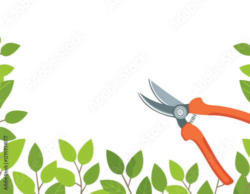 Pruning plant with pruning shears on white background, copy space, home garden theme