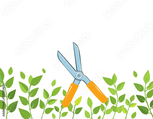 Pruning plant with pruning shears on white background, copy space, home garden theme