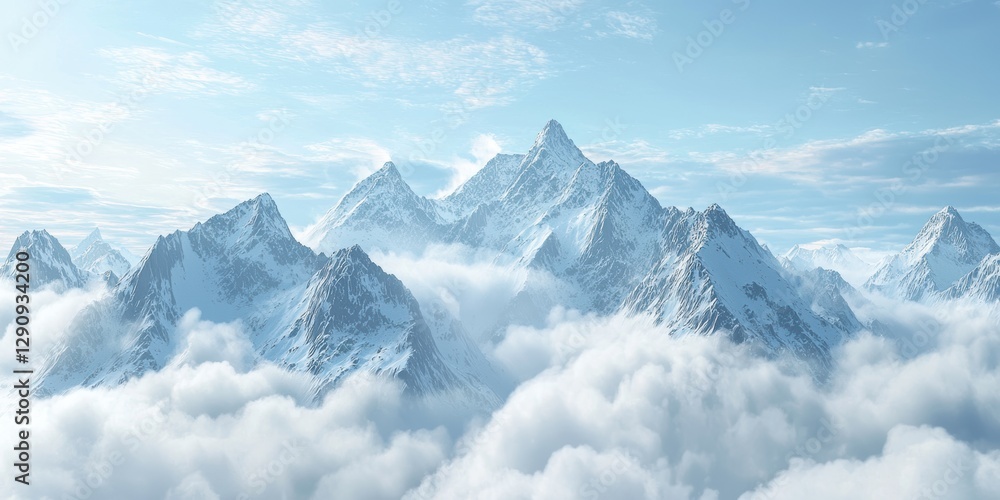Fototapeta premium 3d background minimalistic mockup with space for text, high mountain peaks emerging from fluffy white clouds