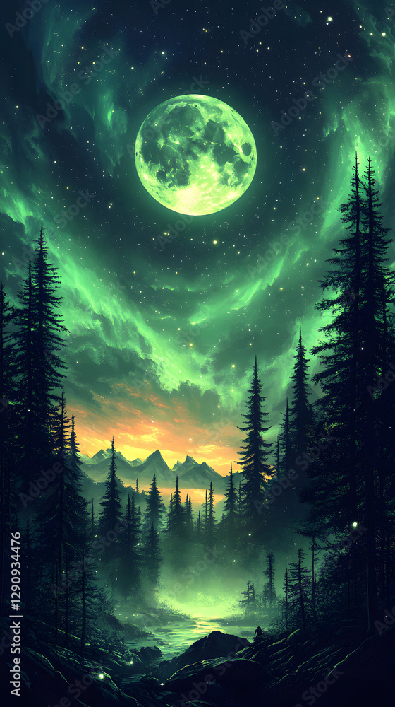 Fototapeta premium This image depicts a scenic nighttime landscape featuring a glowing green moon and a majestic forest under a starry sky.