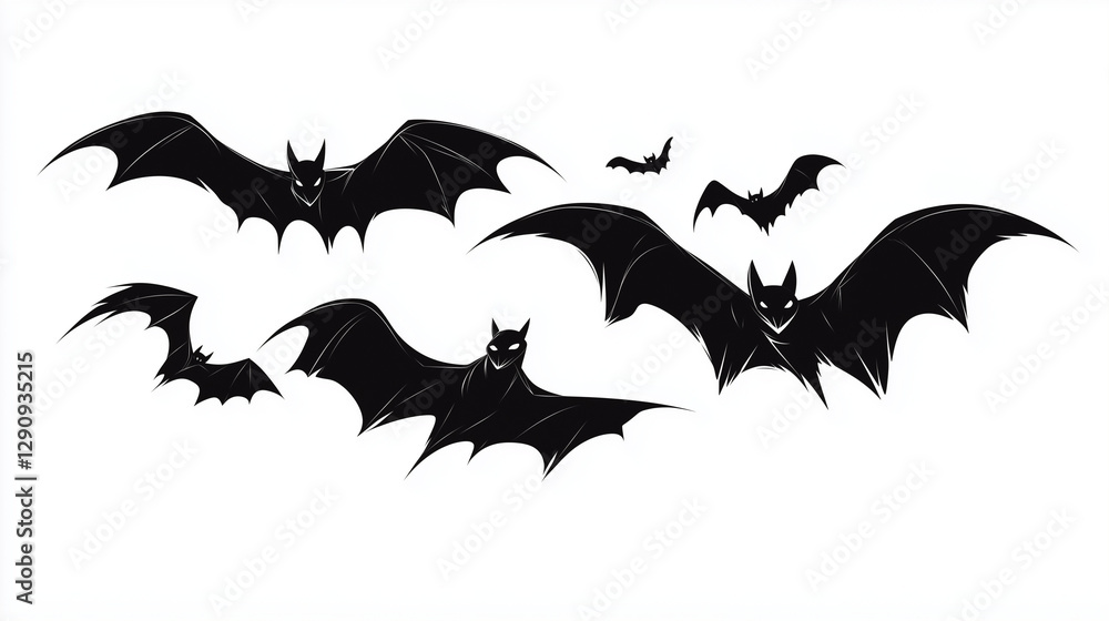 Naklejka premium A vector of bats flying, white background, simple shapes, vector art, flat design, clip art style, solid black outline