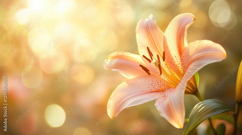 Fototapeta premium A luminous belladonna lily in full bloom, golden sunlight enhancing its delicate pink hues with a soft blurred background. 