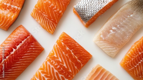 A top-down view of a variety of fresh fish fillets, including salmon, placed on a clean, white surface.