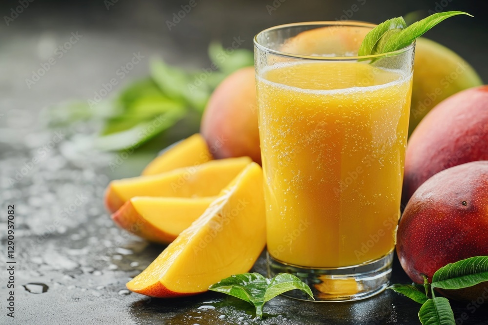 Fototapeta premium Fresh orange juice served in a glass with sliced peaches as garnish, perfect for breakfast or brunch