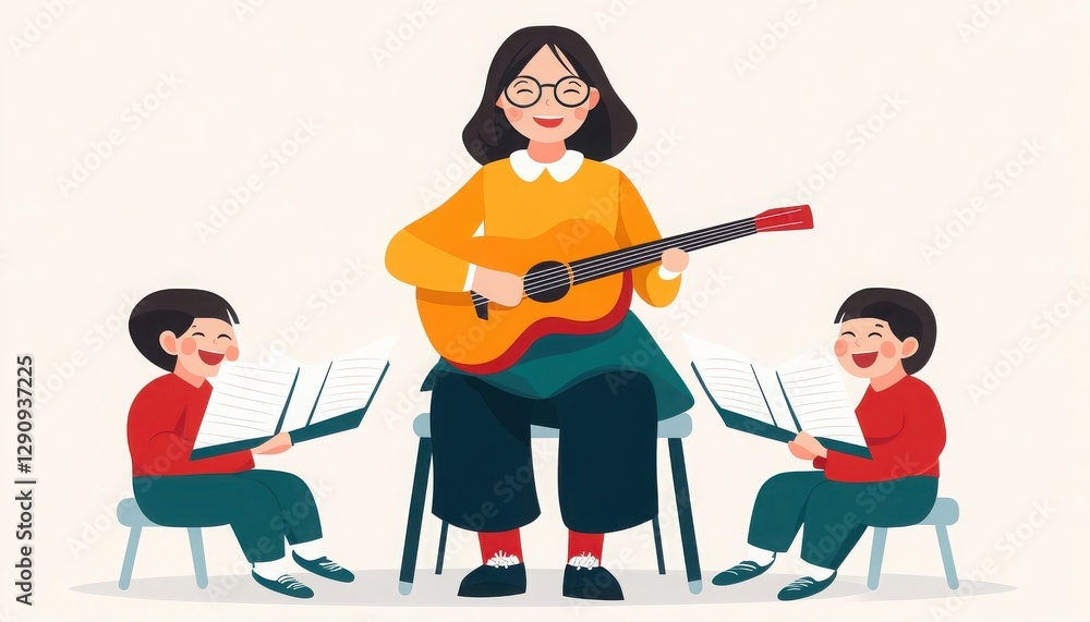 A joyful music lesson where a teacher plays guitar for two happy children, encouraging creativity and learning through music. A joyful music lesson where a teacher plays guitar for two happy children, encouraging creativity and learning through music.