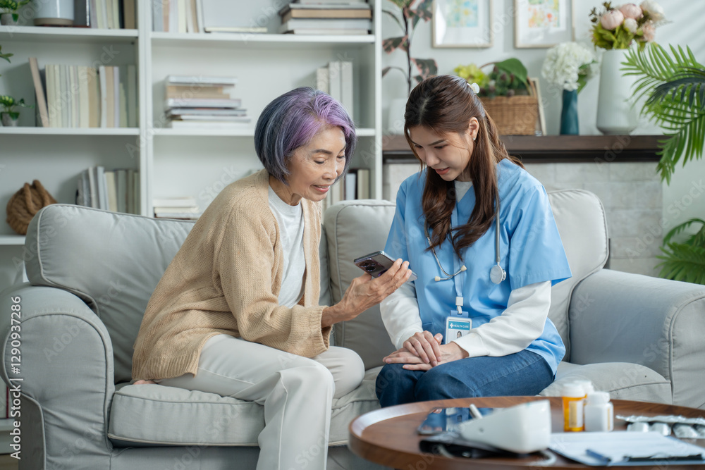 custom made wallpaper toronto digitalFriendly relationship between caregiver and happy elderly woman at home.caregiver holding hands helping for comfort,trust or patient for medical check or nursing.healthcare service,wellness concept