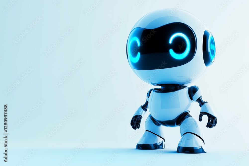 A small friendly robot with a round head and expressive digital eyes on a pastel light blue background with copy space. A small friendly robot with a round head and expressive digital eyes on a pastel light blue background with copy space.
