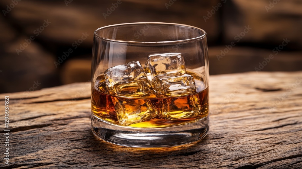 Golden Whiskey With Ice Cubes in a Crystal Tumbler Close-Up Shot On Rough-Hewn Rustic Wooden Table. Golden Whiskey With Ice Cubes in a Crystal Tumbler Close-Up Shot On Rough-Hewn Rustic Wooden Table.