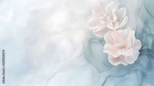 A beautiful close-up showing two soft, delicate flowers set over a flowing, abstract background.