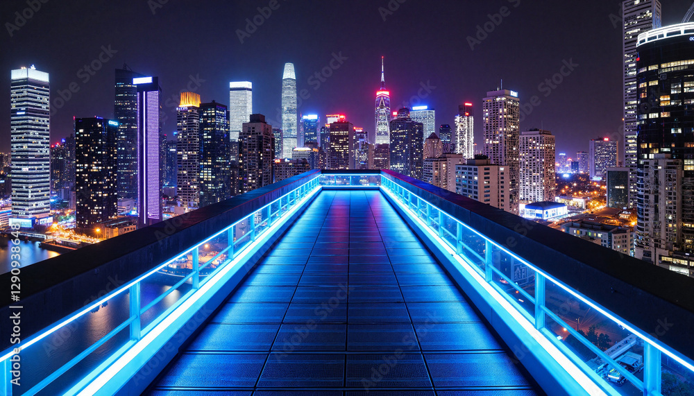 Fototapeta premium Futuristic cityscape illuminated by neon lights at night, urban innovation