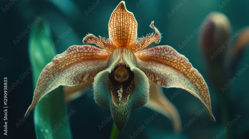 The monkey face orchid in stunning macro, its expressive petal structure standing out with soft green tones in the background. The monkey face orchid in stunning macro, its expressive petal structure standing out with soft green tones in the background.