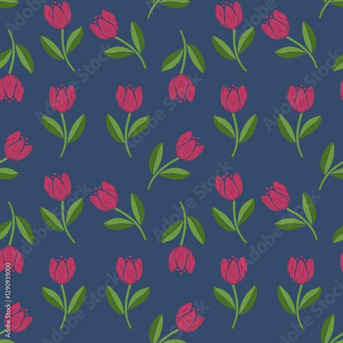 Dark blue seamless pattern with tulips