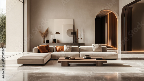 Italian minimalist-style indoor living room with a warm coffee color palette. Use large areas of soft latte-colored walls paired with smooth beige marble flooring. In the center, place a low-profile 