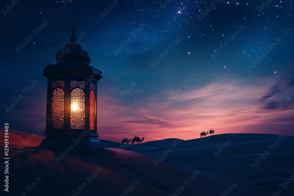 lantern glowing softly in the desert at night, with silhouettes of camels and stars visible above, creating an atmosphere perfect for a Ramadan Kareem celebration. lantern glowing softly in the desert at night, with silhouettes of camels and stars visible above, creating an atmosphere perfect for a Ramadan Kareem celebration.