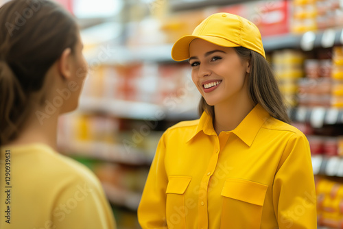 A smiling young female sales consultant in a yellow uniform talks to a customer in front of a supermarket.