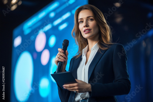 Obraz na płótnie A confident businesswoman in a navy blue blazer with a microphone in her hands holds a presentation on a stage with a large screen behind her. The concept of public speaking. w salonie