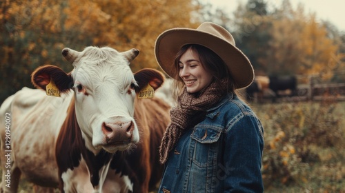 woman smiling at cow in autumn field photo