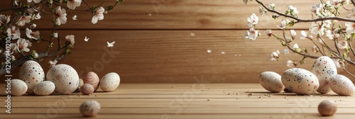 3d background minimalistic mockup with space for text, subtle wooden texture with painted Easter eggs and spring flowers