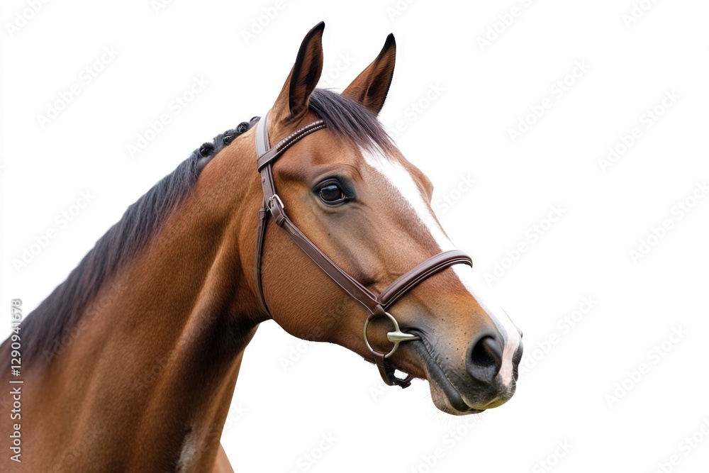 A brown horse with a bridle on its head, ready for riding A brown horse with a bridle on its head, ready for riding