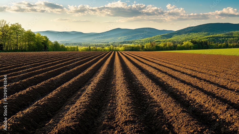 A wide-open field freshly tilled and ready for planting, clear horizon line under soft evening light, perfect for copy space. A wide-open field freshly tilled and ready for planting, clear horizon line under soft evening light, perfect for copy space.