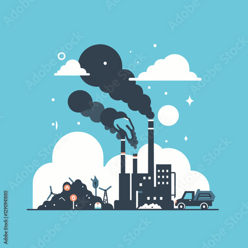 A minimalist flat design illustration showcasing pollution, emphasizing environmental degradation through simple and clean visuals. Perfect for awareness campaigns, educational resources, and creative