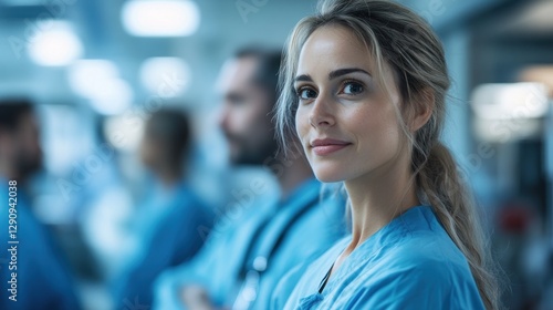 Confident female doctor in modern clinic with colleagues photo