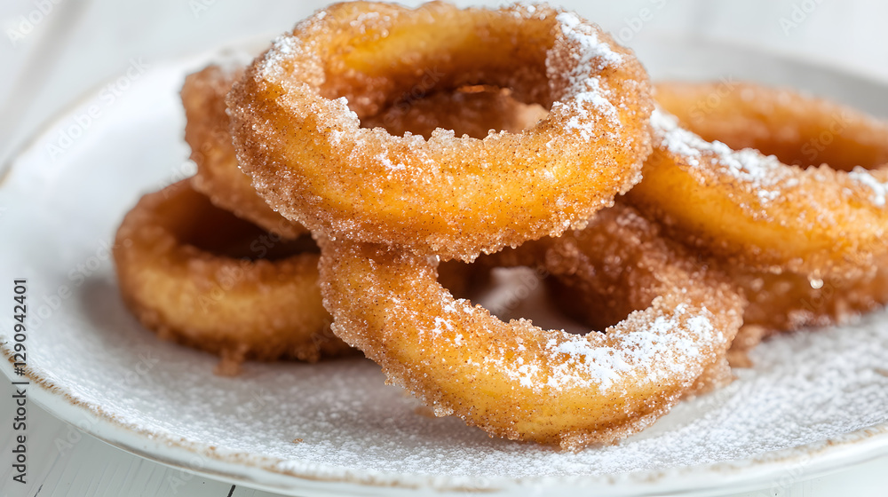 Fried apple rings sprinkled with cinnamon sugar, stacked on a white ceramic plate, with a dusting of powdered sugar. Fried apple rings sprinkled with cinnamon sugar, stacked on a white ceramic plate, with a dusting of powdered sugar.