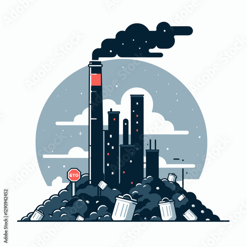 A minimalist flat design illustration showcasing pollution, emphasizing environmental degradation through simple and clean visuals. Perfect for awareness campaigns, educational resources, and creative