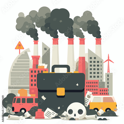 A minimalist flat design illustration showcasing pollution, emphasizing environmental degradation through simple and clean visuals. Perfect for awareness campaigns, educational resources, and creative