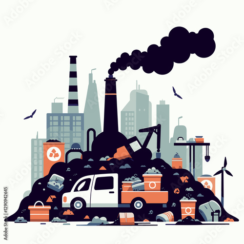 A minimalist flat design illustration showcasing pollution, emphasizing environmental degradation through simple and clean visuals. Perfect for awareness campaigns, educational resources, and creative