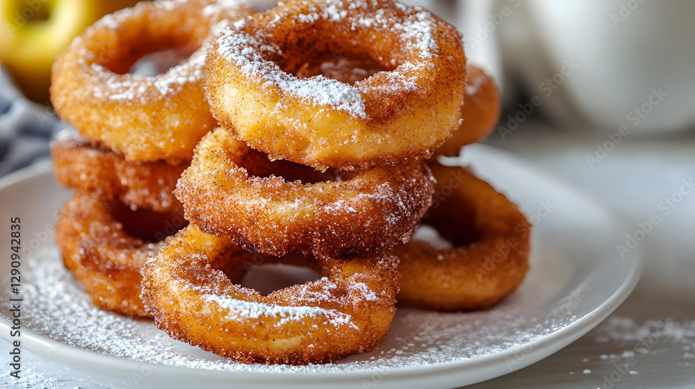 Fried apple rings sprinkled with cinnamon sugar, stacked on a white ceramic plate, with a dusting of powdered sugar. Fried apple rings sprinkled with cinnamon sugar, stacked on a white ceramic plate, with a dusting of powdered sugar.