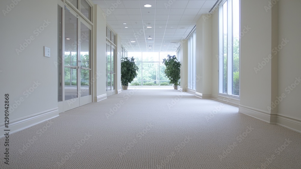 Fototapeta premium Empty office hallway with plants, view of outdoors. Possible use Stock photo for office spaces, commercial real estate, or design inspiration