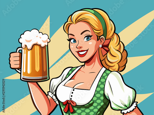 Girl waitress carries beer glass. Oktoberfest celebration. Vector illustration in pop art