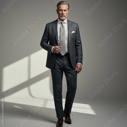 Stylish Businessman in Gray Suit and Tie Posing Confidently in Studio Photograph with Natural Lighting