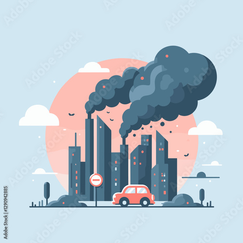 A minimalist flat design illustration showcasing pollution, emphasizing environmental degradation through simple and clean visuals. Perfect for awareness campaigns, educational resources, and creative