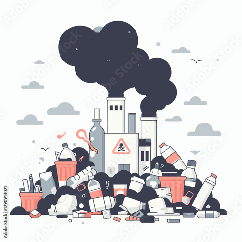 A minimalist flat design illustration showcasing pollution, emphasizing environmental degradation through simple and clean visuals. Perfect for awareness campaigns, educational resources, and creative