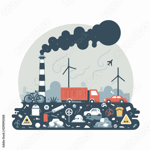 A flat design illustration of pollution in a minimalist and simple style, highlighting environmental issues. Perfect for awareness campaigns, educational purposes, or creative projects.