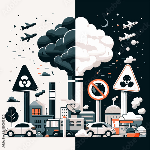 A simple and minimalist flat design illustration representing pollution, focusing on environmental impact with clean and modern visuals. Ideal for educational content and awareness campaigns.