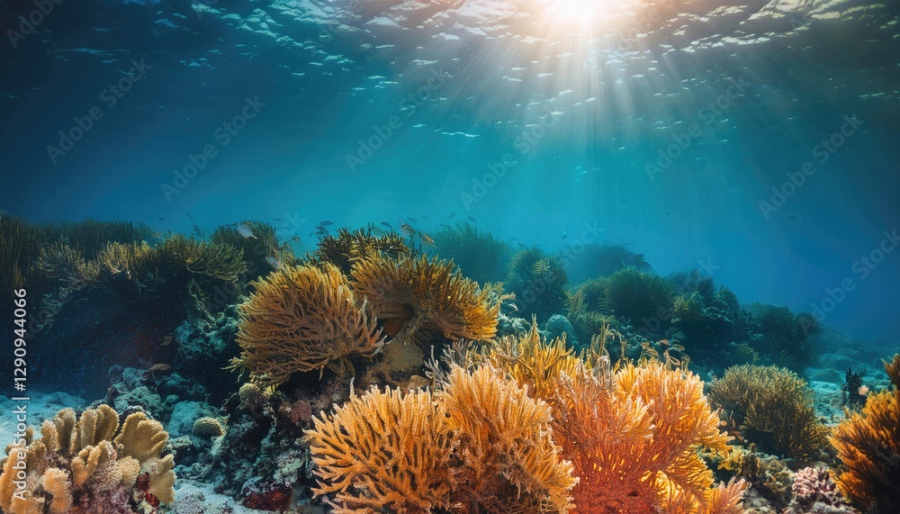 Obraz premium Vibrant coral reef ecosystem thrives under sunlight in ocean