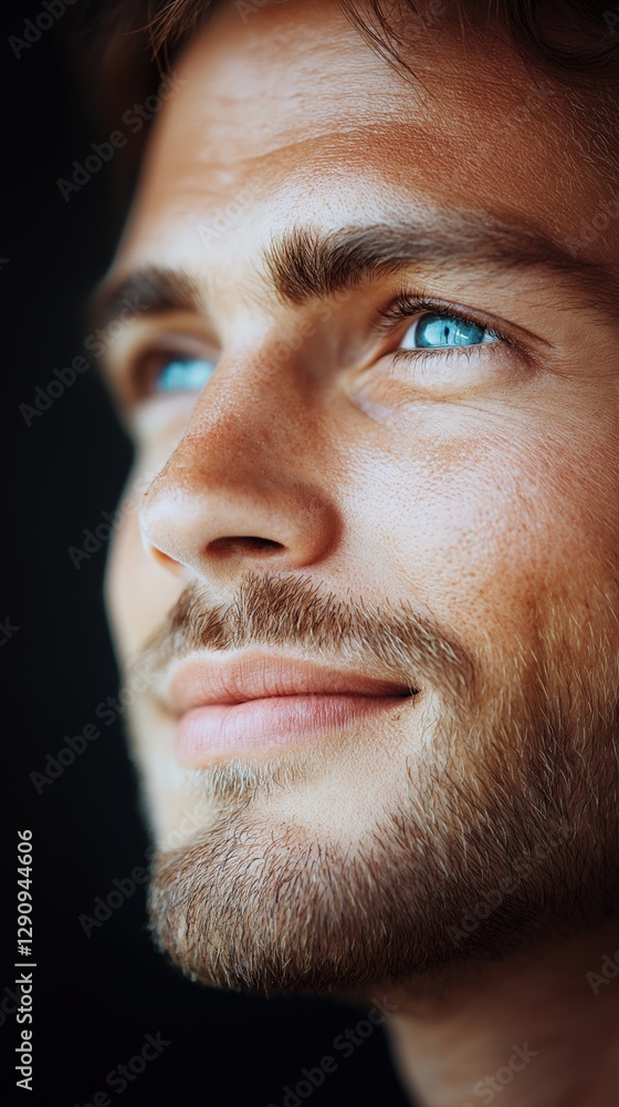 Obraz premium close portrait of a man in his late twenties, he has got beautiful blue eyes, brown wavy hair and a short beard or stubble