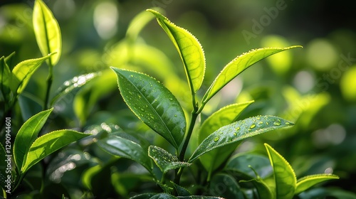 Close-up of green tea leaves growing on a bush, fresh morning dew on the leaves with space for copy.