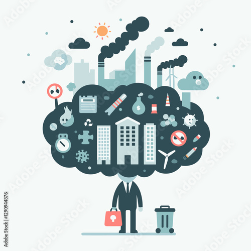 A minimalist flat design illustration of pollution, combining simple elements to highlight environmental issues. Perfect for awareness campaigns, educational materials, or creative projects.